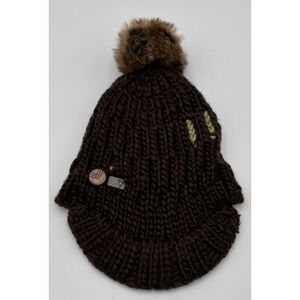 Nobis Brown Chunky Knit Beanie Faux Fur Pom Pom Metal Logo Charm Winter Hat